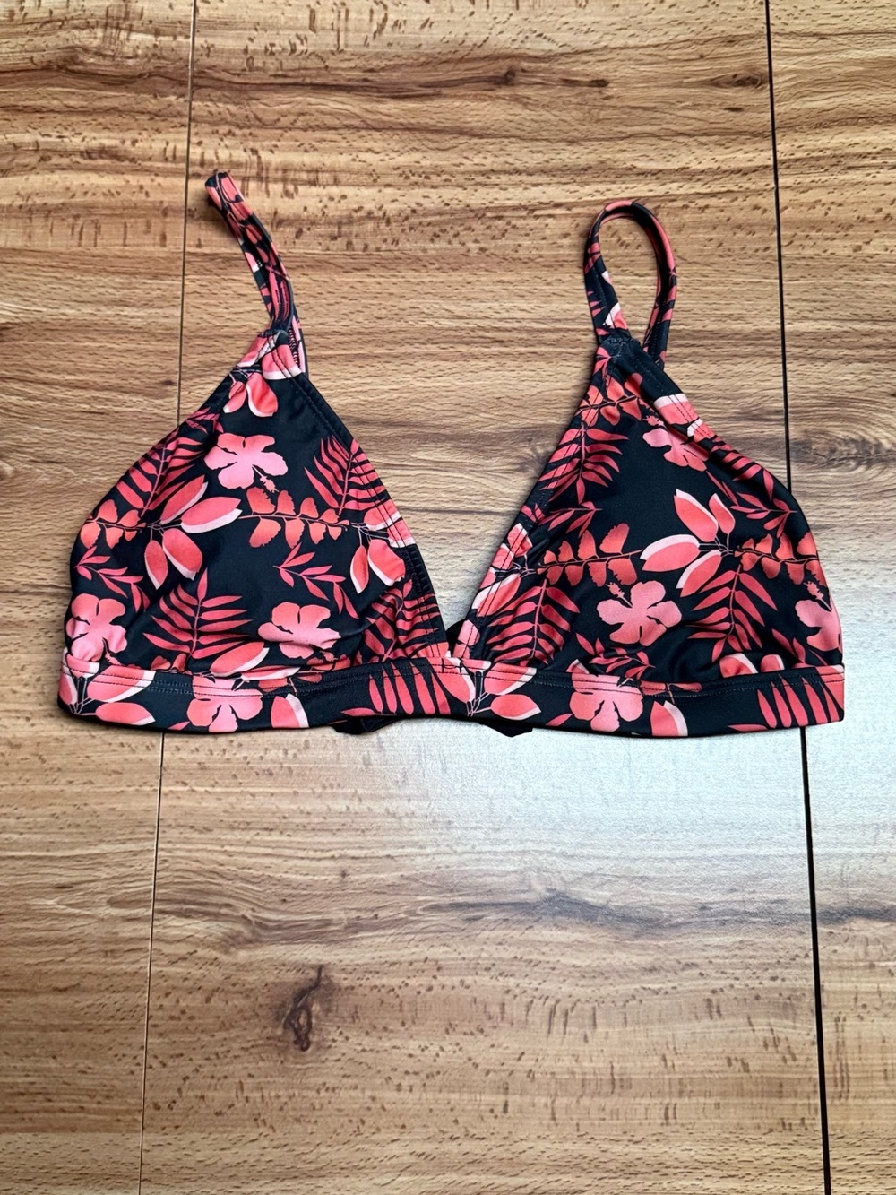 Women’s Floral Triangle Bikini Top Bralette Black with Coral Pink Print Swimwear